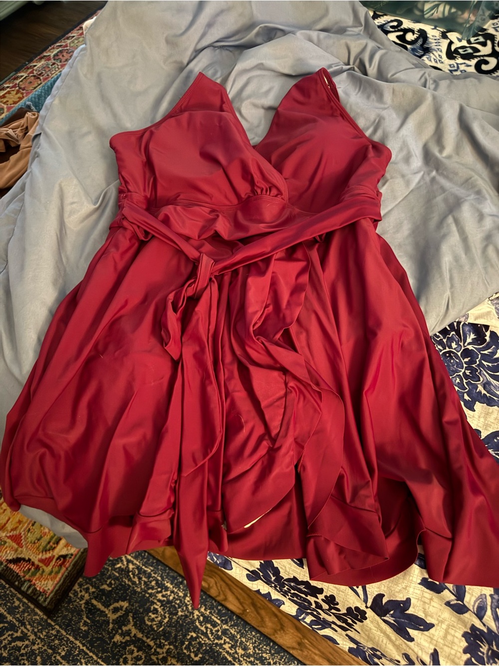 BloomChic Strapless Red Satin Cocktail Dress with Waist Tie